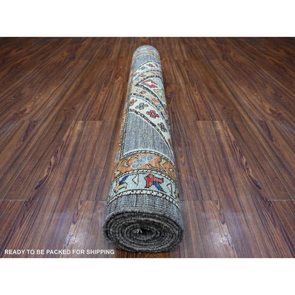 Tribal & Geometric Wool Hand Knotted Rug Grey Orange 4.1X11.9 -O088927