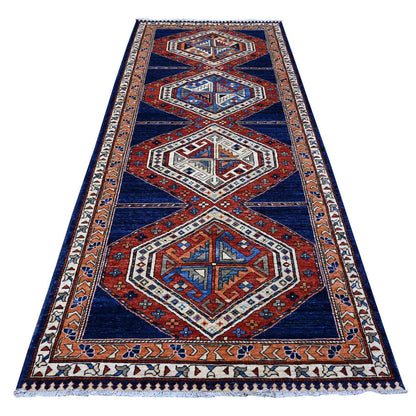 Tribal & Geometric Wool Hand Knotted Rug Blue Orange 4.3X10.5 -O088928