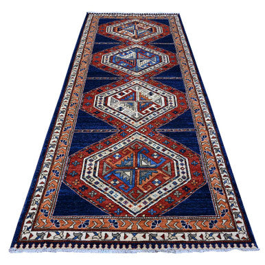 Tribal & Geometric Wool Hand Knotted Rug Blue Orange 4.3X10.5 -O088928