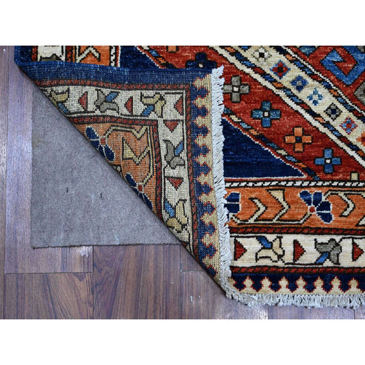 Tribal & Geometric Wool Hand Knotted Rug Blue Orange 4.3X10.5 -O088928