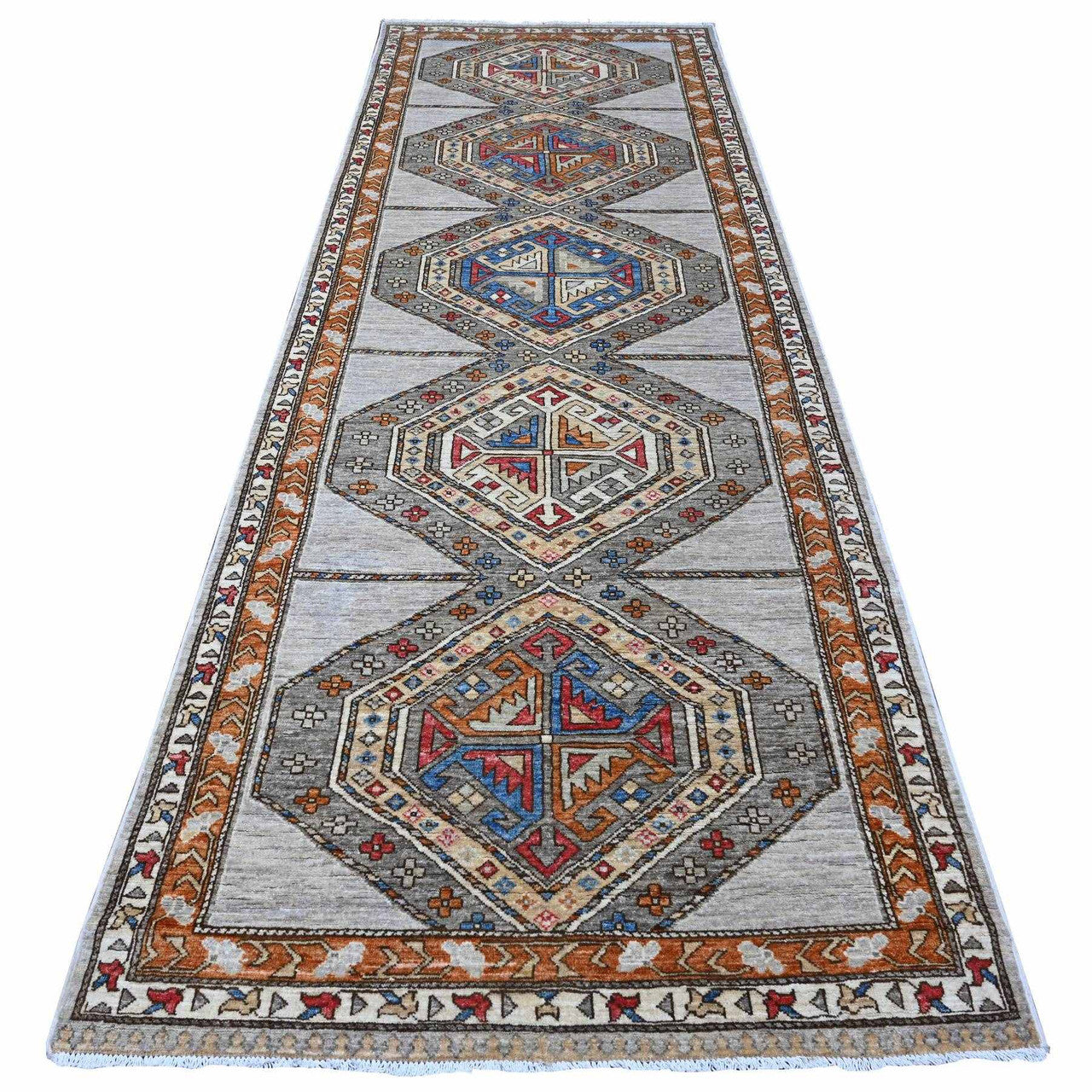 Gray 3'11" x 11'6" Tribal & Geometric Hand knotted Wool Rug - Sku: O088929