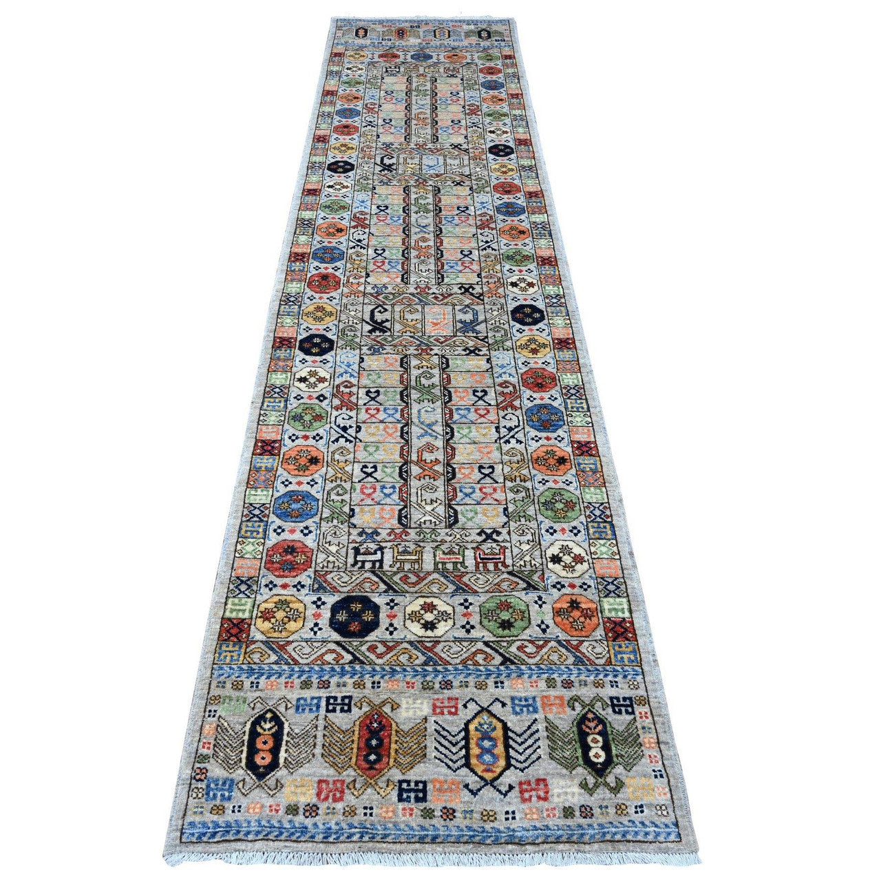 Gray 2'8" x 11'10" Tribal & Geometric Hand knotted Wool Rug - Sku: O088931