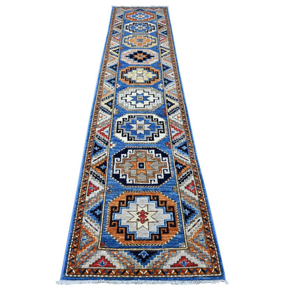 Tribal & Geometric Wool Hand Knotted Rug Blue Gray 2.5X11.8 -O088932