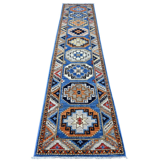 Tribal & Geometric Wool Hand Knotted Rug Blue Gray 2.5X11.8 -O088932