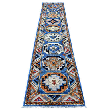 Tribal & Geometric Wool Hand Knotted Rug Blue Gray 2.5X11.8 -O088932