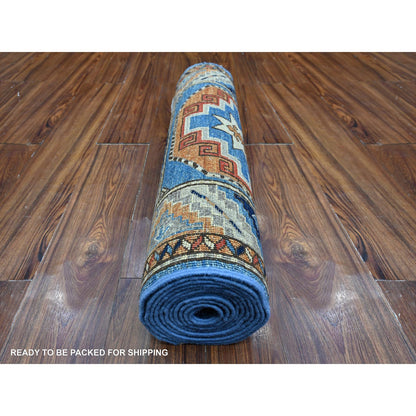 Tribal & Geometric Wool Hand Knotted Rug Blue Gray 2.5X11.8 -O088932