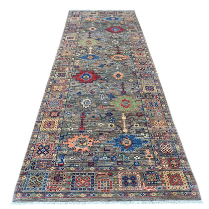 Oushak And Peshawar Wool Hand Knotted Rug Grey Gray 4.1X11.8 -O088940