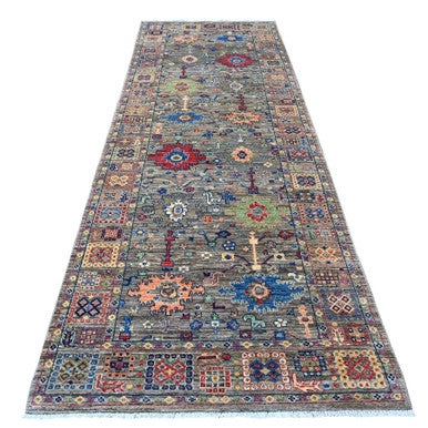 Oushak And Peshawar Wool Hand Knotted Rug Grey Gray 4.1X11.8 -O088940
