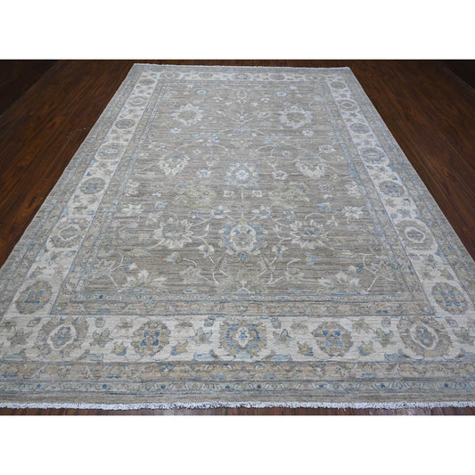 Oushak And Peshawar Wool Hand Knotted Rug Grey Ivory 9.0X11.10 -O088958