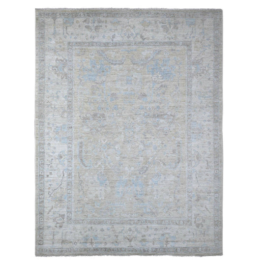 Oushak And Peshawar Wool Hand Knotted Rug Green Silver Gray 9.0X11.9 -O088978
