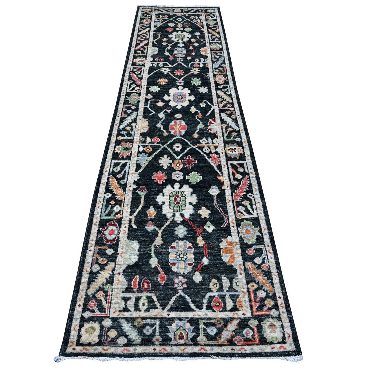 Black 2'10" x 11'11" Oushak And Peshawar Hand knotted Wool Rug - Sku: O089008