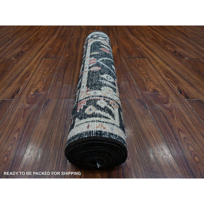 Oushak And Peshawar Wool Hand Knotted Rug Black Black 2.10X11.11 -O089008