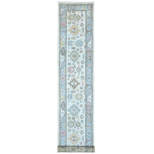 Oushak And Peshawar Wool Hand Knotted Rug Ivory Blue 2.10X19.0 -O089009