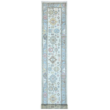 Oushak And Peshawar Wool Hand Knotted Rug Ivory Blue 2.10X19.0 -O089009