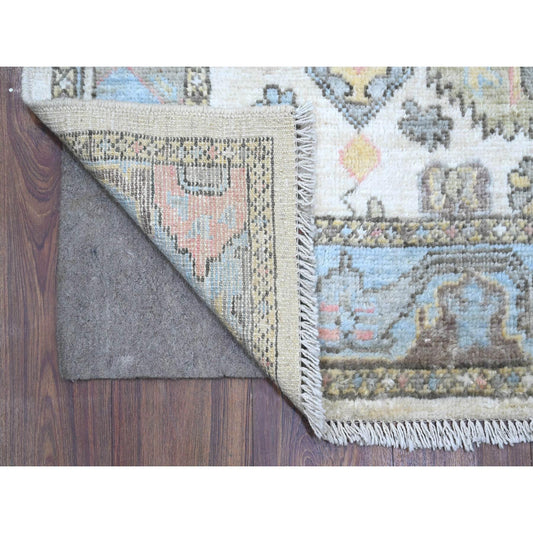 Oushak And Peshawar Wool Hand Knotted Rug Ivory Blue 2.10X19.0 -O089009