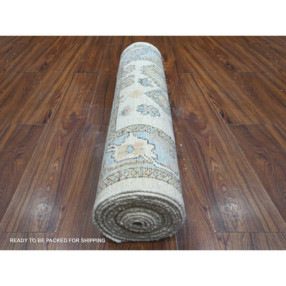 Oushak And Peshawar Wool Hand Knotted Rug Ivory Blue 2.10X19.0 -O089009