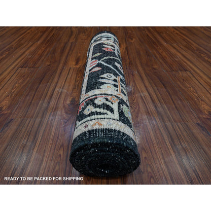 Oushak And Peshawar Wool Hand Knotted Rug Black Black 2.8X12.5 -O089024