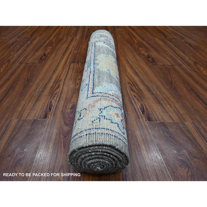 Oushak And Peshawar Wool Hand Knotted Rug Grey Silver Gray 2.8X11.9 -O089025
