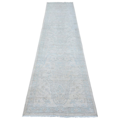 Oushak And Peshawar Wool Hand Knotted Rug Ivory Blue 2.8X11.1 -O089031