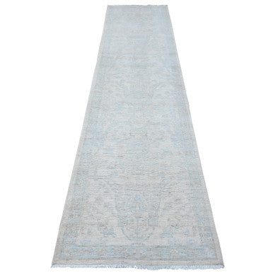 Oushak And Peshawar Wool Hand Knotted Rug Ivory Blue 2.8X11.1 -O089031