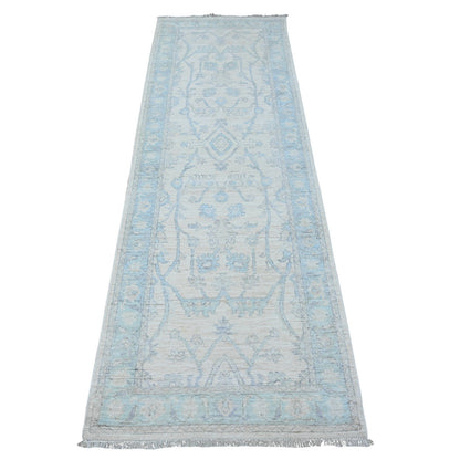Oushak And Peshawar Wool Hand Knotted Rug Ivory Blue 2.7X8.2 -O089032