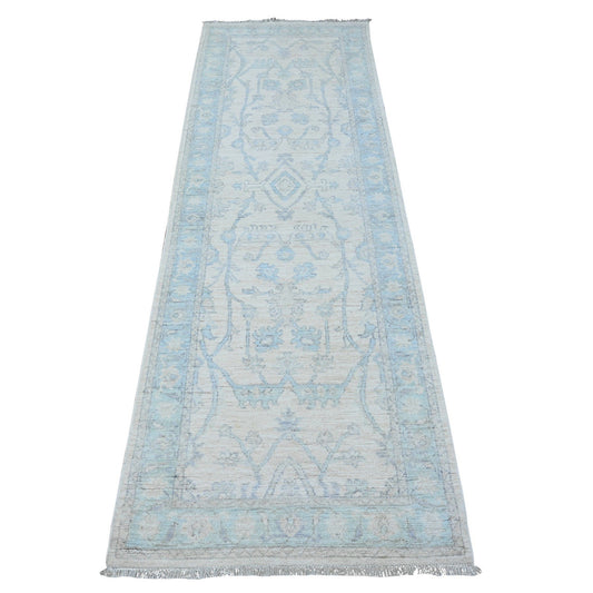 Oushak And Peshawar Wool Hand Knotted Rug Ivory Blue 2.7X8.2 -O089032