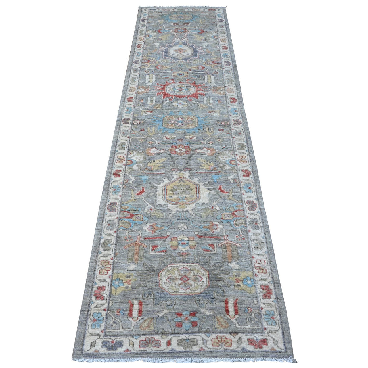 Gray 2'6" x 9'9" Tribal & Geometric Hand knotted Wool Rug - Sku: O089041