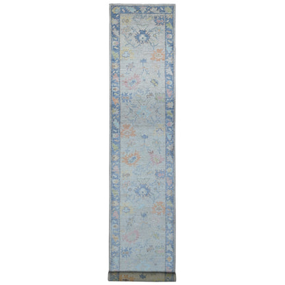 Oushak And Peshawar Wool Hand Knotted Rug Grey Denim Blue 2.10X15.10 -O089097