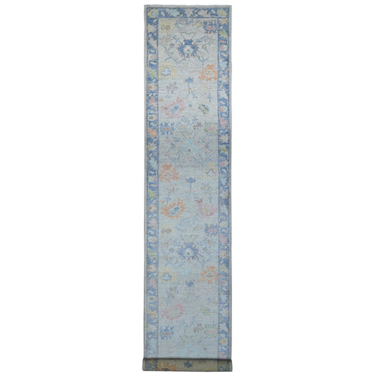 Oushak And Peshawar Wool Hand Knotted Rug Grey Denim Blue 2.10X15.10 -O089097