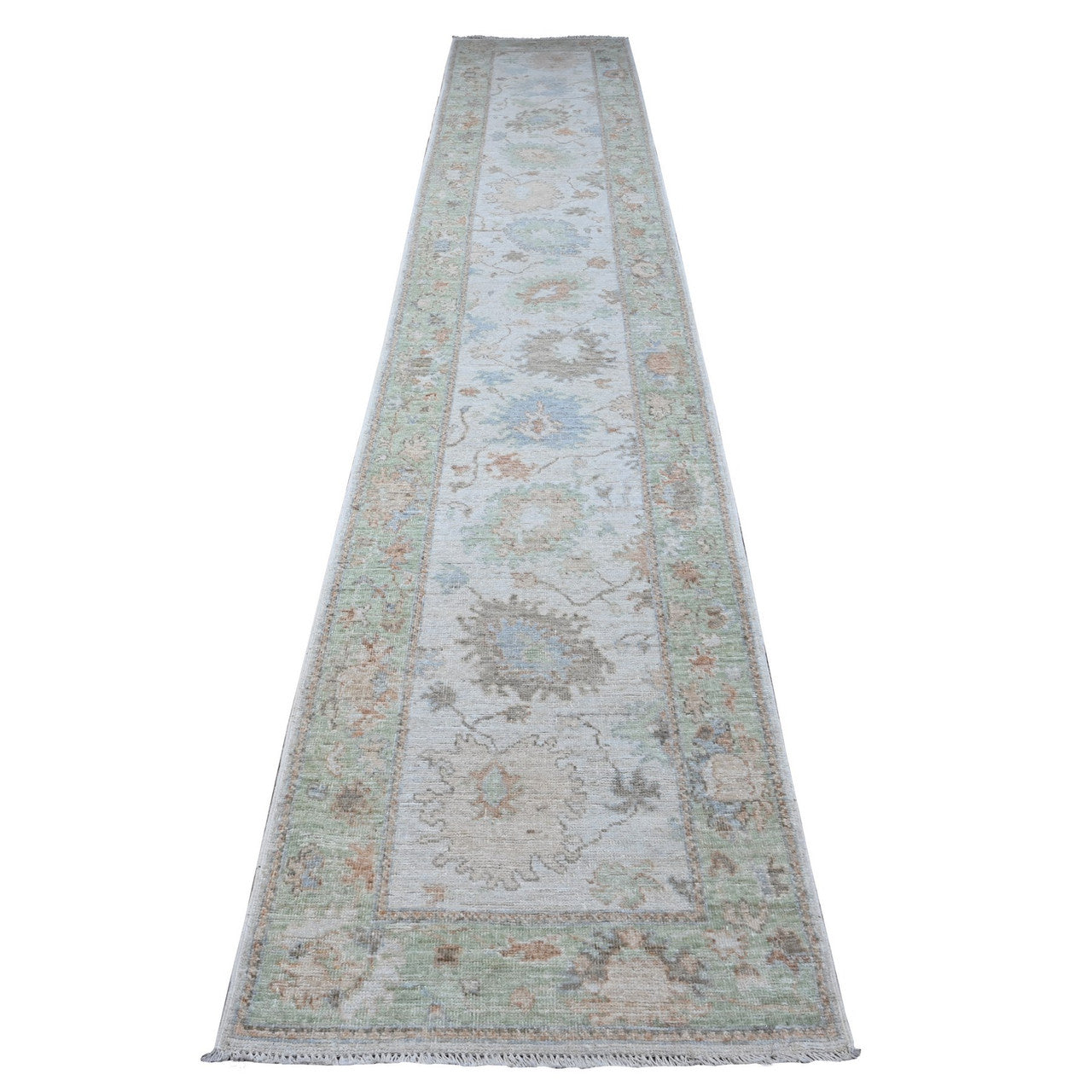 Gray 2'9" x 15'4" Oushak And Peshawar Hand knotted Wool Rug - Sku: O089101