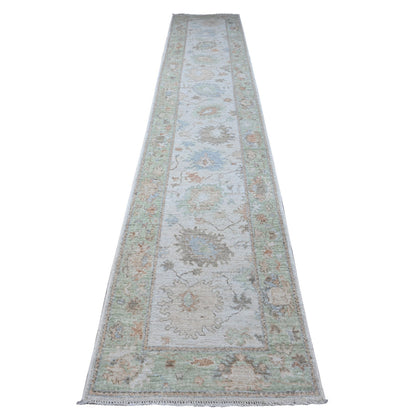 Oushak And Peshawar Wool Hand Knotted Rug Grey Green 2.9X15.4 -O089101