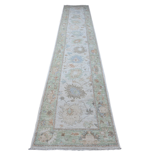 Oushak And Peshawar Wool Hand Knotted Rug Grey Green 2.9X15.4 -O089101