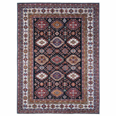 Kazak Wool Hand Knotted Rug Black Ivory 9.1X12.1 -O089104