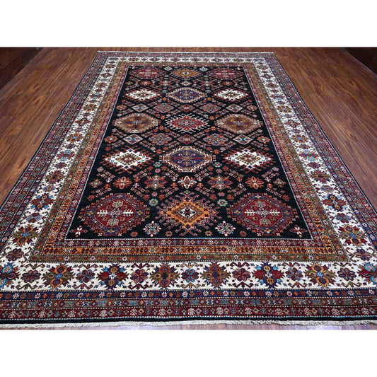 Kazak Wool Hand Knotted Rug Black Ivory 9.1X12.1 -O089104