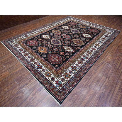 Kazak Wool Hand Knotted Rug Black Ivory 9.1X12.1 -O089104