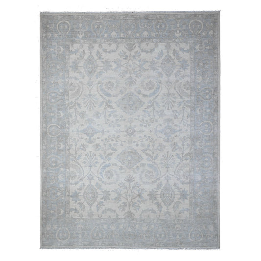Oushak And Peshawar Wool Hand Knotted Rug Ivory Blue 8.10X11.7 -O089144