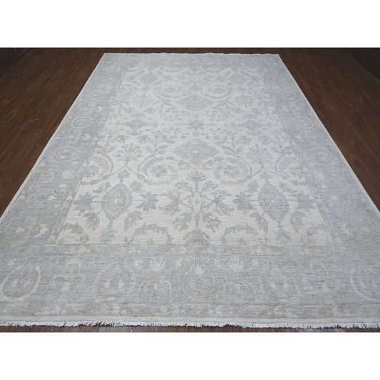 Oushak And Peshawar Wool Hand Knotted Rug Ivory Blue 8.10X11.7 -O089144
