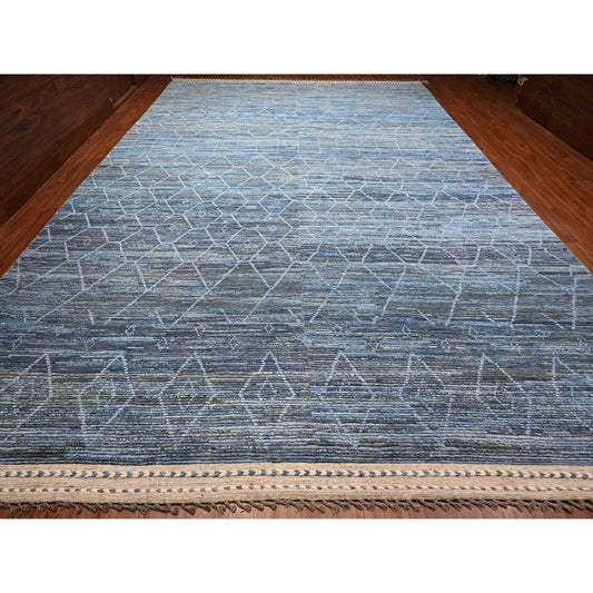 Tribal & Geometric Wool Hand Knotted Rug Blue No Border 12.0X18.5 -O089170