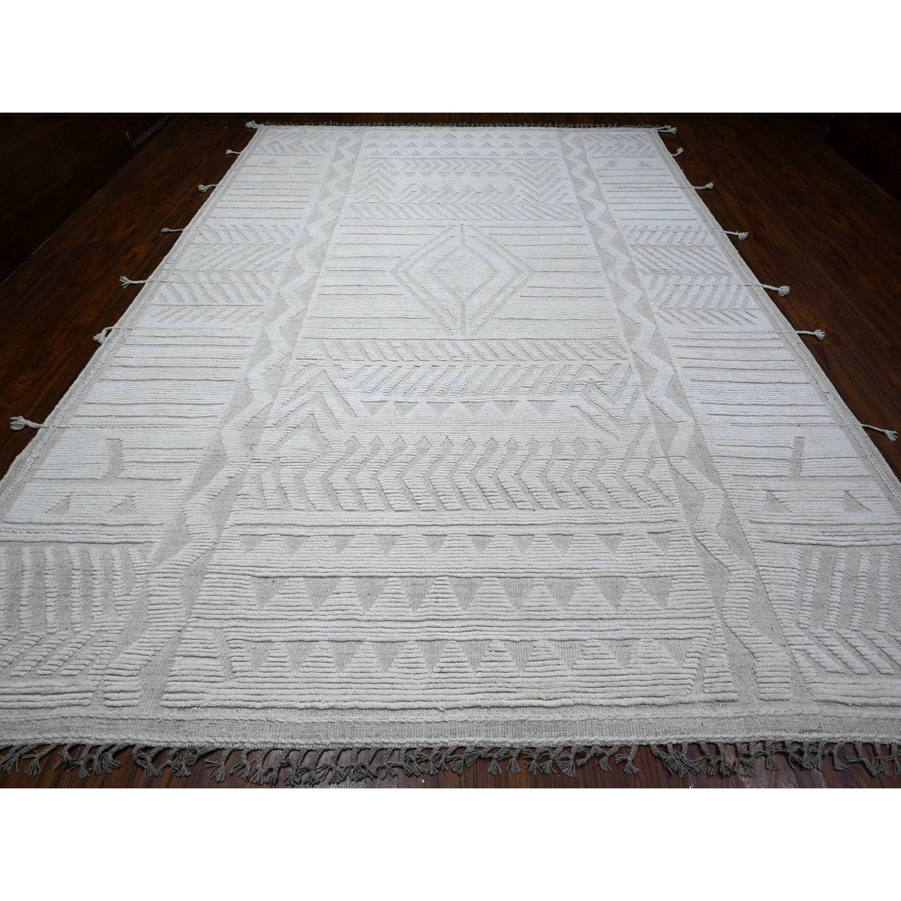 Tribal & Geometric Wool Hand Knotted Rug Ivory No Border 9.11X14.2 -O089174