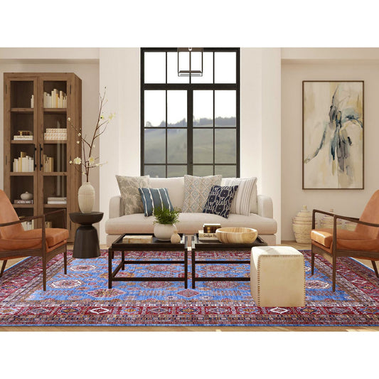 Kazak Wool Hand Knotted Rug Blue Red 10.2X13.8 -O089198