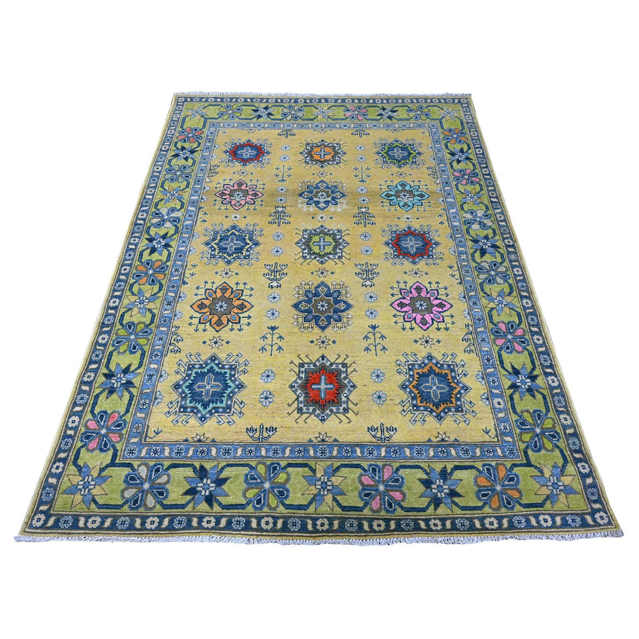 Yellow 5'0" x 6'9" Kazak Hand knotted Wool Rug - Sku: O089231