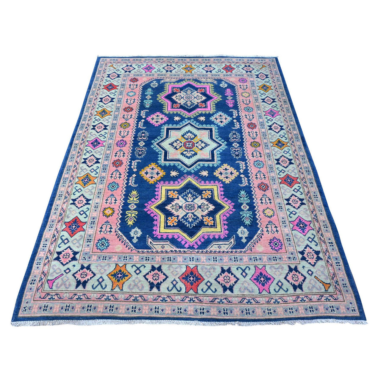 Kazak Wool Hand Knotted Rug Blue Turquoise Green 4.11X6.10 -O089232
