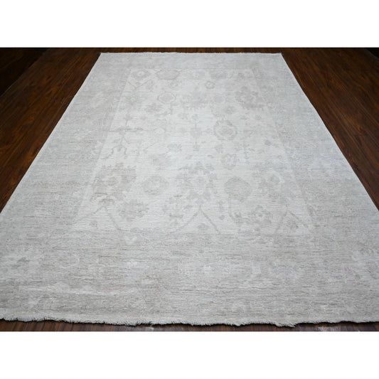 Oushak And Peshawar Wool Hand Knotted Rug Ivory Silver Chalice Gray 8.10X11.6 -O089268