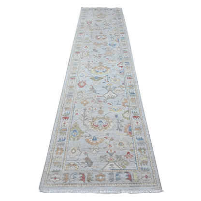 Oushak And Peshawar Wool Hand Knotted Rug Grey Misty Gray 2.9X12.0 -O089279