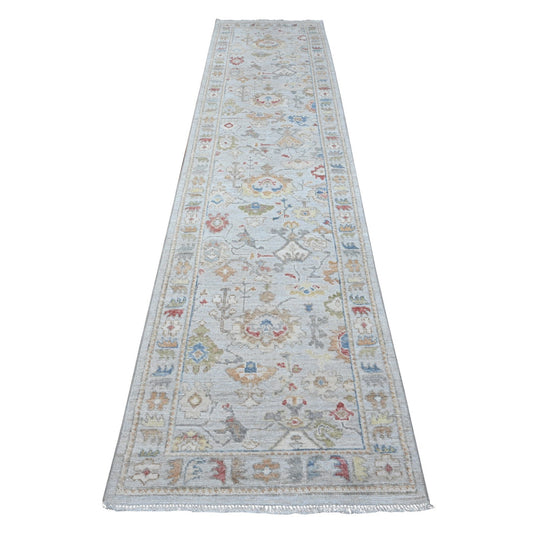 Oushak And Peshawar Wool Hand Knotted Rug Grey Misty Gray 2.9X12.0 -O089279