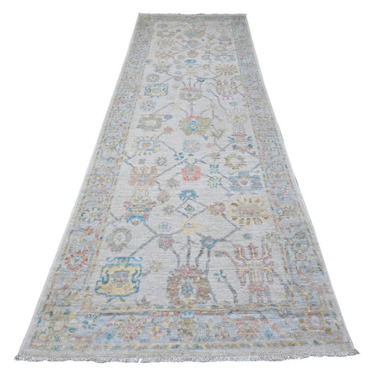 Oushak And Peshawar Wool Hand Knotted Rug Grey Powder Blue 3.11X12.2 -O089288