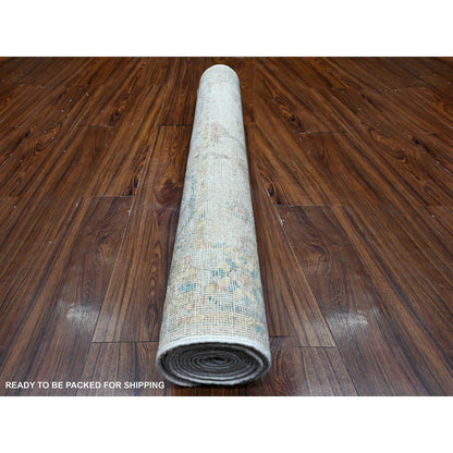 Oushak And Peshawar Wool Hand Knotted Rug Grey Powder Blue 3.11X12.2 -O089288