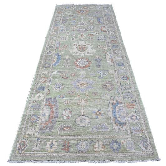 Oushak And Peshawar Wool Hand Knotted Rug Green Green 3.11X10.1 -O089289
