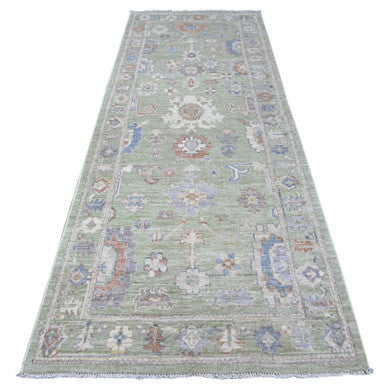 Oushak And Peshawar Wool Hand Knotted Rug Green Green 3.11X10.1 -O089289