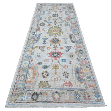 Oushak And Peshawar Wool Hand Knotted Rug Blue Gray 3.11X10.8 -O089290